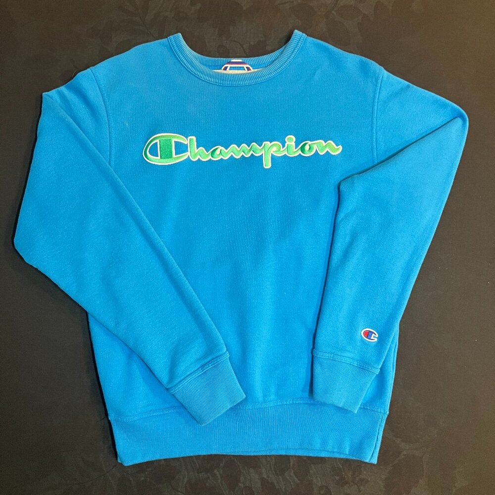 Official Rare Champion Blue Green Logo Embroidered Fleece Crew Neck Sweatshirt